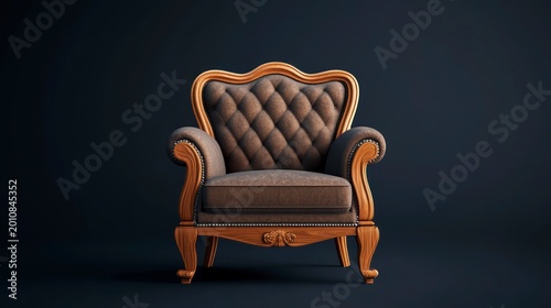 Elegant brown armchair with ornate wooden frame against dark background