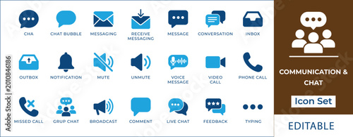 Communication and chat icon set featuring message bubbles, email, video call, notification bell, voice message, phone contact, group chat, and megaphone symbols for UI design.