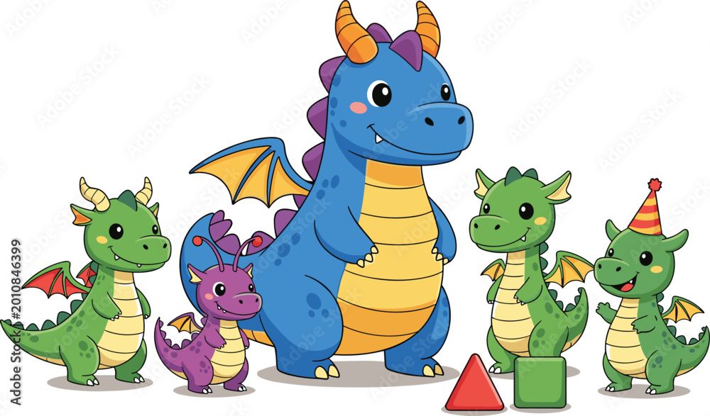 Naklejka premium Set of Cute Cartoon Baby Dragons Collection with Large Blue Leader, Green Little Dragons, Purple Baby, Party Hat, and Geometric Shapes for Children's Educational Books, Party Decorations, 