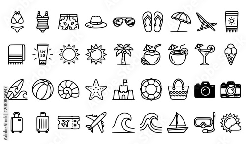 Canvas Print Summer Beach Bold Icon Set Bikini Swimsuit Sun Hat Sunglasses Vacation Vector Co