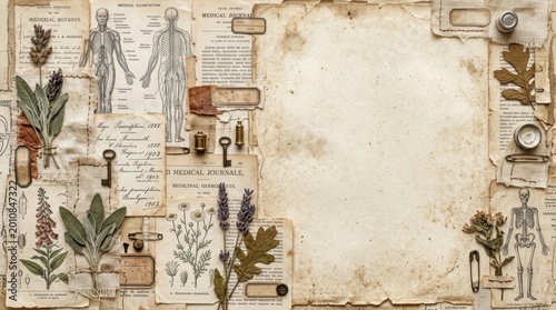 Vintage medical background with antique paper documents, dried botanical flower and human anatomy illustration. Old journal collage concept for historical research and science study.