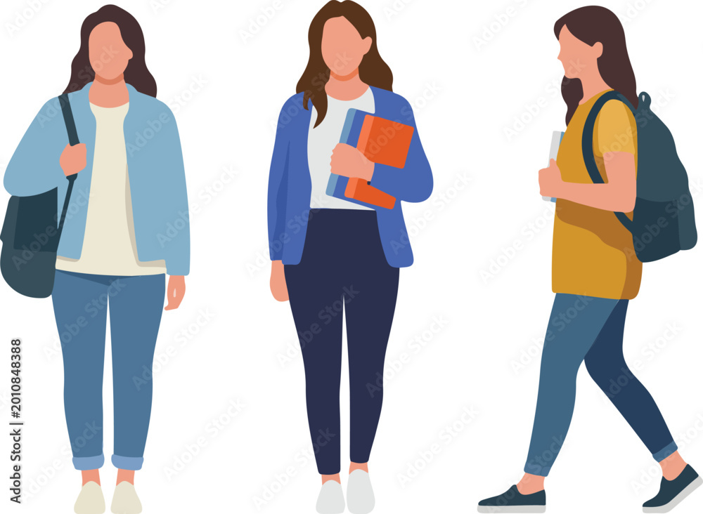 Fototapeta premium Flat vector illustration set of young female college students with backpacks and books, dressed in casual clothing for education and university concepts.
