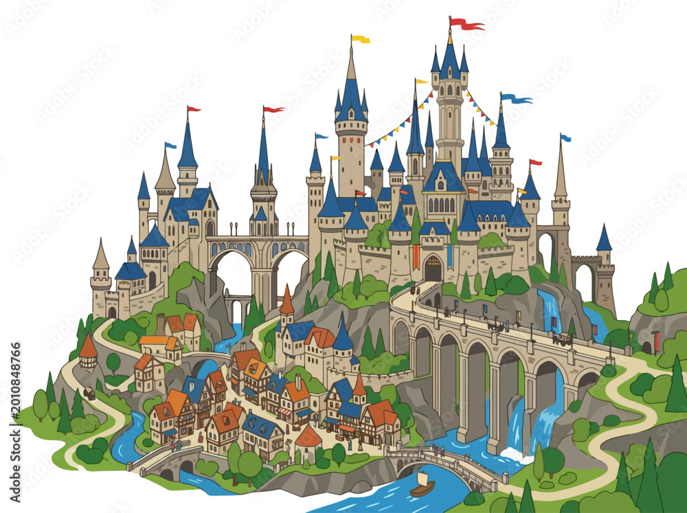Obraz premium Grand Medieval Fantasy Castle and Village Illustration.