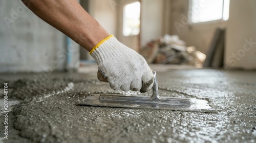 Construction worker using a trowel to smooth fresh cement on a concrete slab.