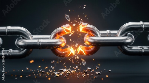 Broken metal chain link with intense glowing light representing supply chain risk and security breach.