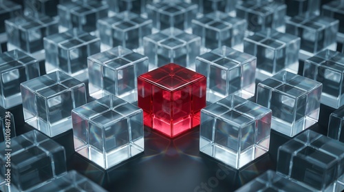 Concept of anomaly detection with one red cube amidst a pattern of uniform transparent cubes.