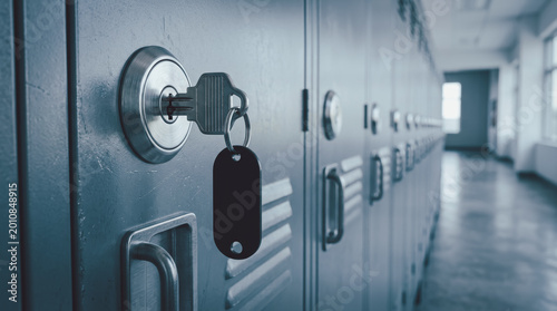 Close up key inserted in locker door with empty tag, representing secure storage, access control, privacy, personal safety and institutional security concept.