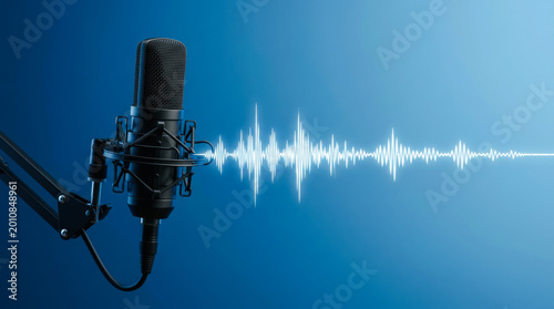 Studio microphone with glowing audio waveform on blue background, representing podcast recording, voice broadcasting, sound production and online media content.