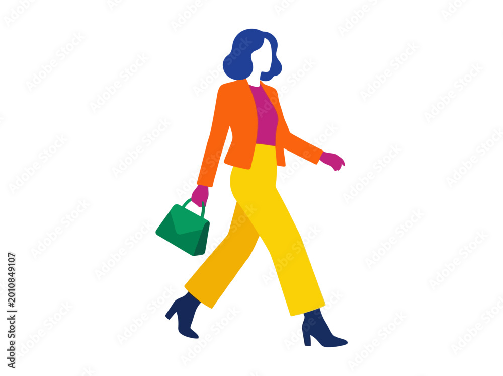 Fototapeta premium Stylish woman in colorful modern outfit walking with a handbag.
