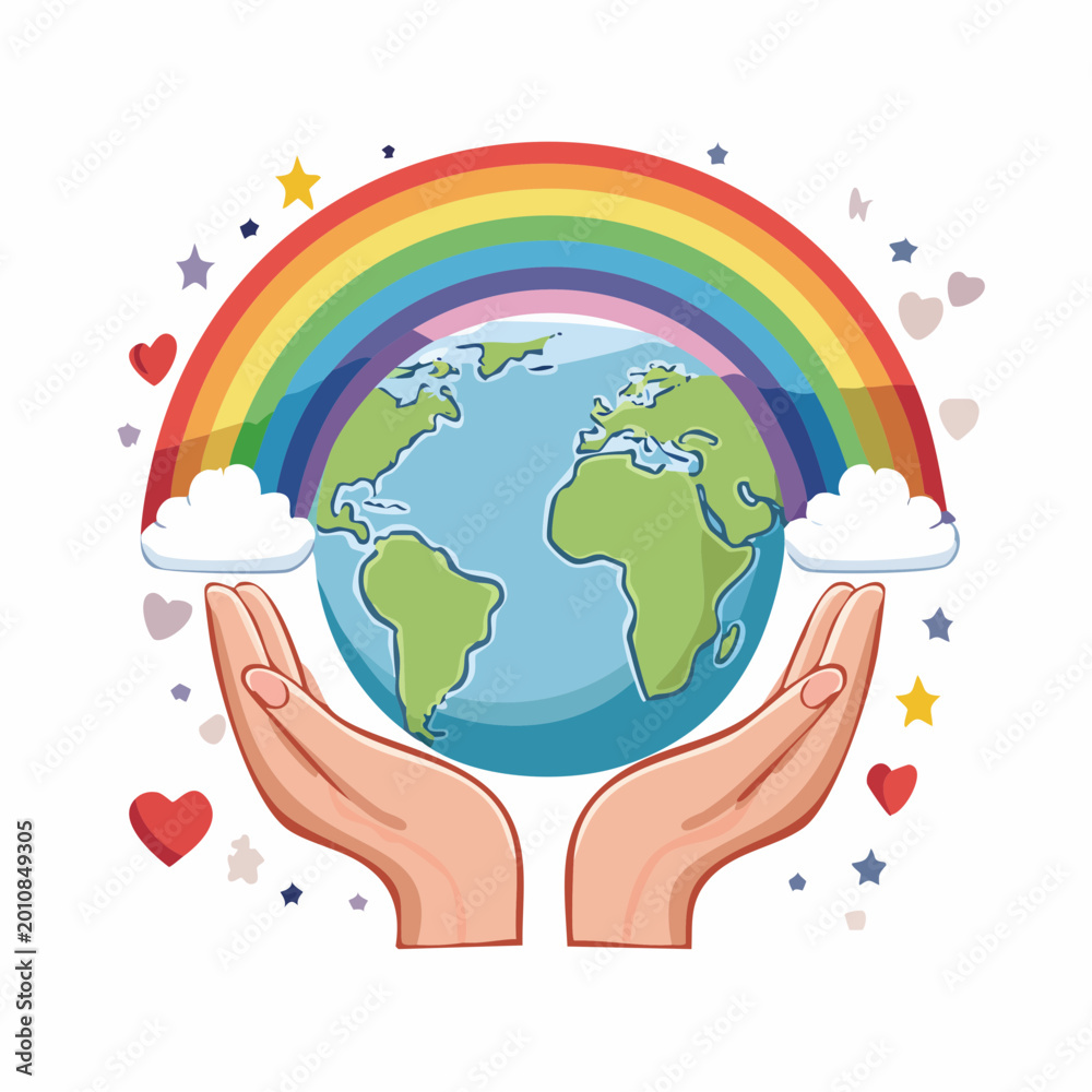 Fototapeta premium Hands Holding Earth Under Rainbow and Stars