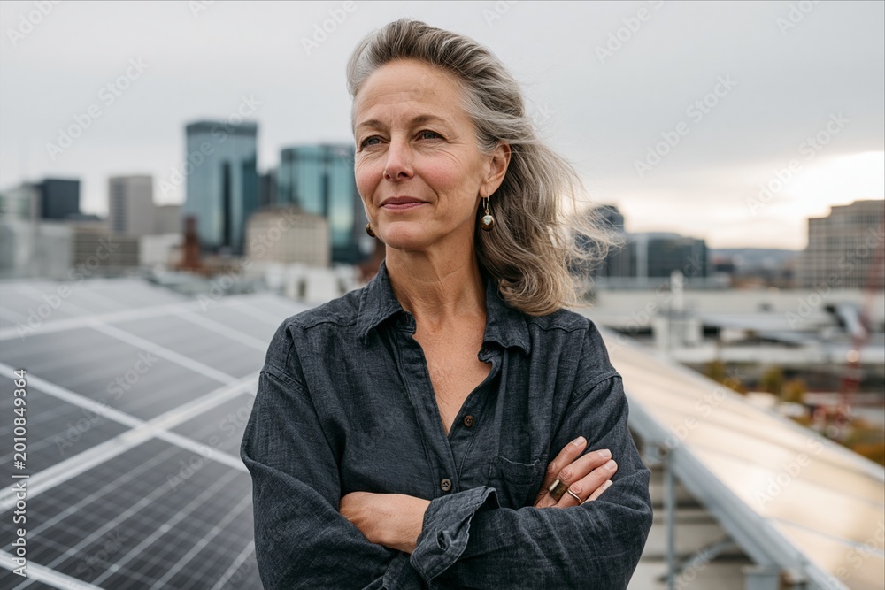 Fototapeta premium Female Renewable Energy Leader Standing on Rooftop Solar Installation
