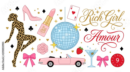 Luxurious pink fashion collage featuring high heels, lipstick, perfume, diamonds, a pink car, globe motif, roses, and the 'Rich Girl' Amour motif.
