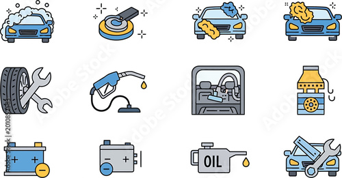 Car maintenance and repair icons in blue and gray colors