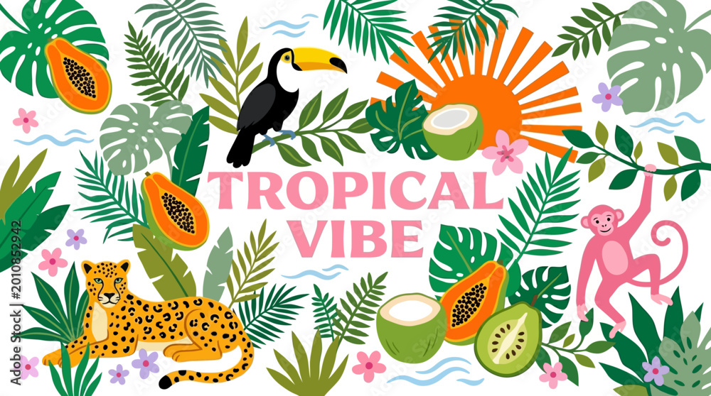 Naklejka premium Tropical Vibe: A vibrant jungle collage with toucan, jaguar, flamingo, monkey, lush palm leaves and tropical fruits