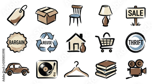 Foto A collection of hand-drawn icons representing items commonly found in thrift stores and related concepts