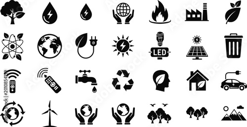 Tableau sur toile Environmental Sustainability and Green Energy Icon Set Featuring Solar Panels Wi