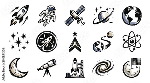 Canvastavla A collection of hand-drawn icons representing space exploration, celestial bodies, and astronomical concepts