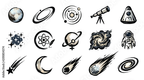 Fotografie A collection of hand-drawn watercolor icons representing celestial bodies, space exploration, and astronomical phenomena