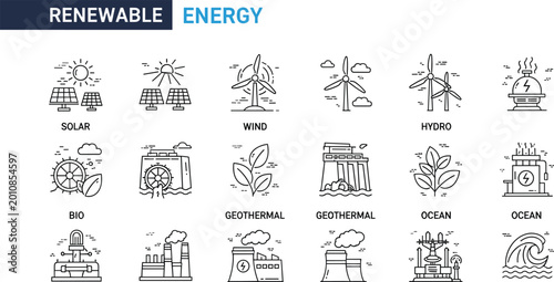 Foto Renewable Energy Icon Set Featuring Solar Panels Wind Turbines Hydroelectric Pow