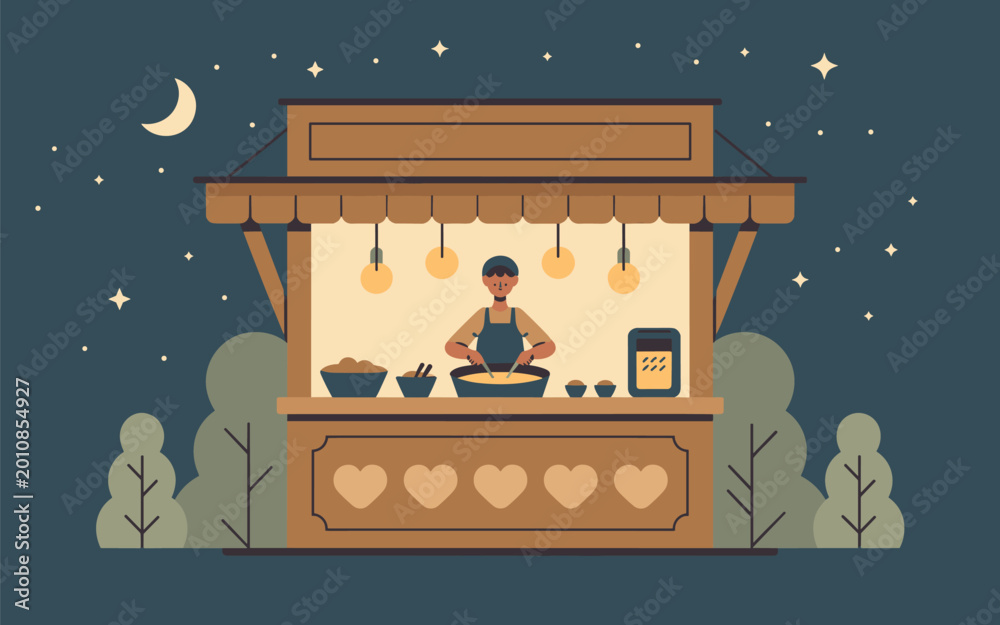 Obraz premium A vendor prepares food at a night market under starry sky