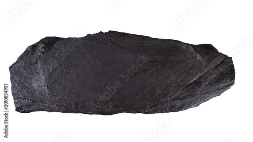 Large black rock sits on white background, showcasing its flat surface and rough edges, suitable for various uses and projects