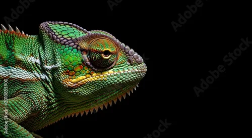 Fototapeta na wymiar Close up of a vibrant green chameleon against a black background