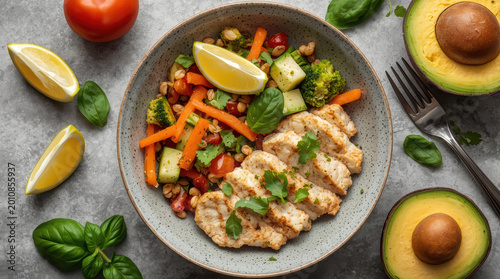 Grilled chicken salad bowl with vegetables grains avocado lemon garnish fresh basil