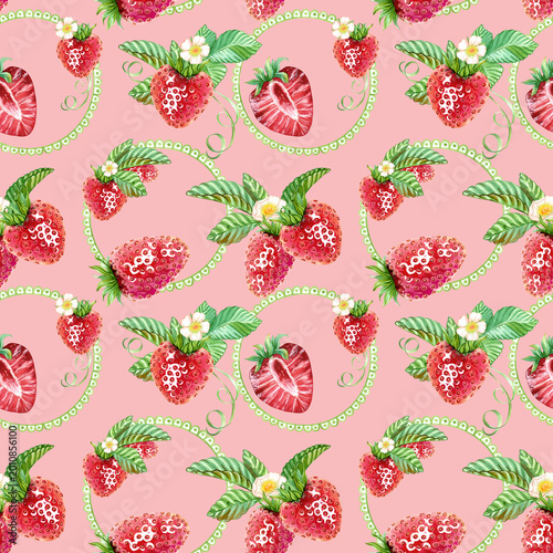 Seamless pattern with strawberries, green leaves, small white flower, openwork circle. Watercolor illustration. Endless pattern is printable. Suitable for wallpaper, fabric, romantic wrapping paper