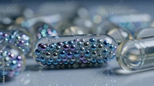 Macro view of transparent capsules filled with small colorful metallic beads.