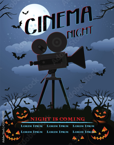 illustration of a scary movie poster banner on night background