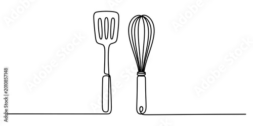Schilderij op canvas Continuous line drawing of kitchen spatula and whisk isolated on white backgroun