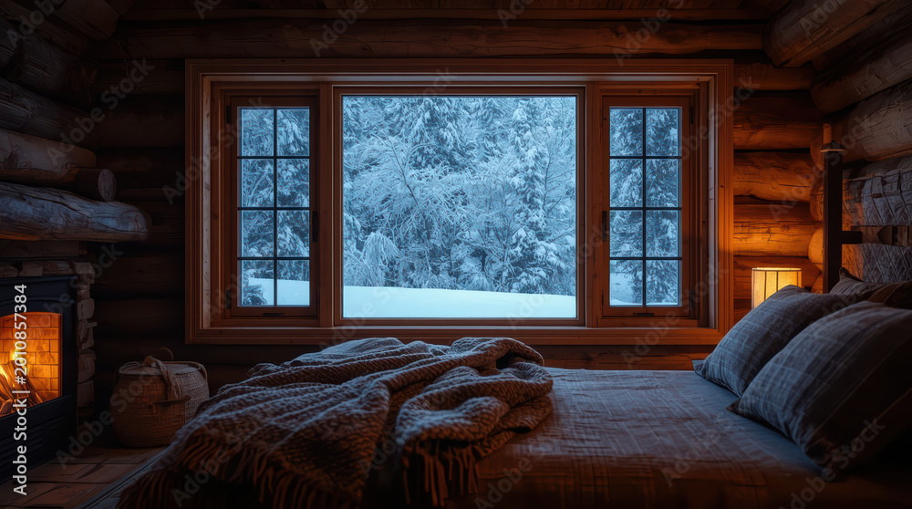 Fototapeta premium Cozy winter cabin bedroom with snowy forest view and warm fireplace