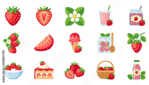 Collection of flat strawberry fruit icons including berry desserts, food and drinks