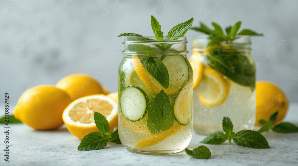 Fototapeta premium Refreshing lemon cucumber mint infused water in glass jar with fresh citrus and herbs