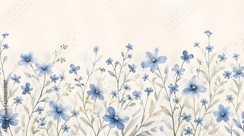 Delicate blue watercolor flowers and botanical foliage blooming along the bottom, forming an artistic floral border illustration on a light background with copy space.
