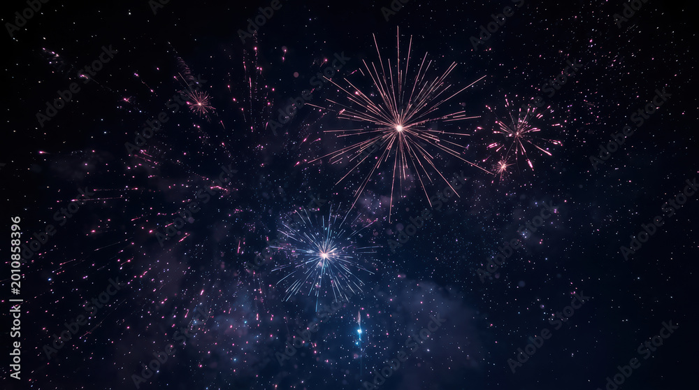 Fototapeta premium Dreamlike fireworks burst lighting enchanted night sky with soft colorful sparks