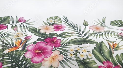 Vibrant tropical flowers and lush green exotic leaves forming a detailed botanical pattern design, arranged as a decorative border on a clean white background.