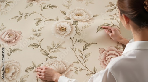 Woman applying elegant floral pattern wallpaper, carefully installing new vintage style home wall decor with large peony flowers and green leaves during renovation.
