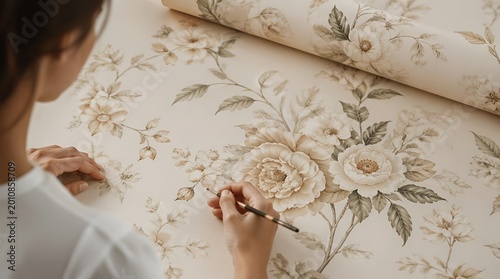 Woman hand carefully painting intricate botanical floral pattern on vintage-style beige wallpaper, illustrating detailed artistry and design process for home decoration.