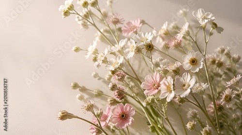 Delicate white and pink small wildflowers blooming on a soft neutral background with natural light and shadows, creating a fresh, tranquil, and minimalist springtime aesthetic.