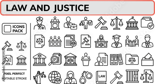 Cuadro en lienzo Law and Justice System outline icon set