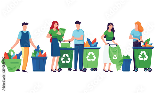 Tablou pe pânză Group of diverse people sorting waste and collecting garbage into large recycle