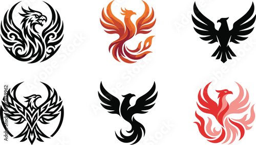 Fotografie Phoenix bird logo collection with fire wings tribal circular and silhouette vect