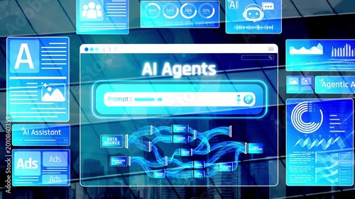 Futuristic Digital Interface Showcasing AI Agents with Data Visualization, Graphs, and User Prompts against a High-Tech Urban Background Sigmoid