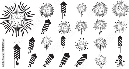 Fireworks and pyrotechnic rocket solid icons set