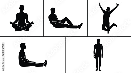 Tableau sur toile Male human silhouette poses set including meditation sitting jumping and standin