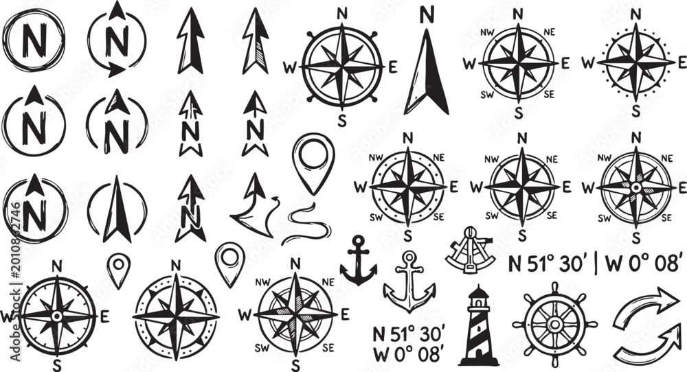 Fototapeta premium Compass rose collection featuring various hand drawn navigation symbols arrows anchors and nautical elements isolated on white background for travel map design and decoration