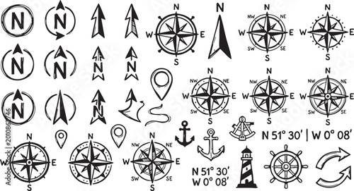 Compass rose collection featuring various hand drawn navigation symbols arrows anchors and nautical elements isolated on white background for travel map design and decoration