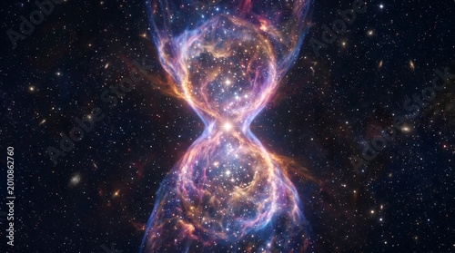 The cosmic loom of destiny where nebular threads weave the fabric of time into an hourglass of infinite starlight, bridging the gap between creation and the quiet echoes of eternity.