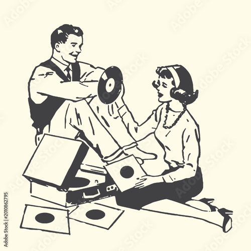 Bild auf Leinwand Couple looking at records and listening to music with record player listening co